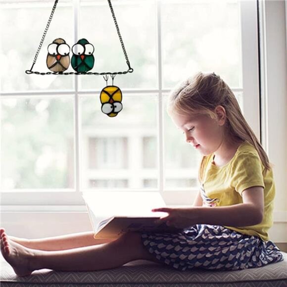 Owl Suncatcher Stained Glass Window Hanging Bird Ornament Home Decor Gift - Picture 6 of 7